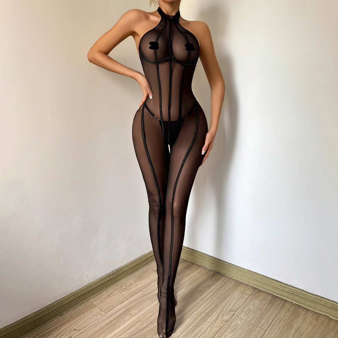 Slimming Vertical Stripe Sheer Black Mesh Shaping Sexy Halter Bodysuit