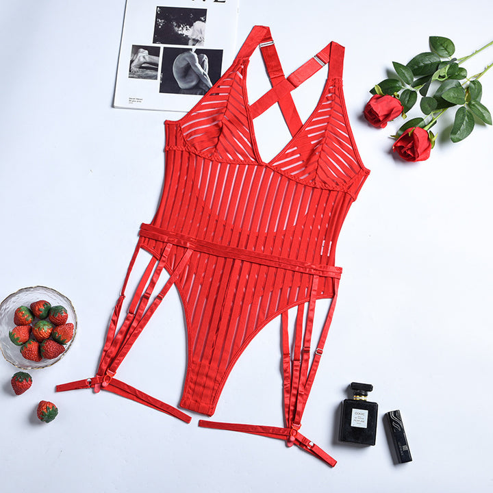 Sexy Sheer Striped Mesh Garter Bodysuit Lingerie Set
