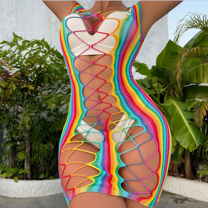 Sexy rainbow bodycon mesh lingerie dress