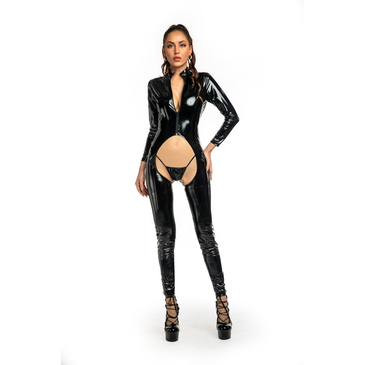 Open-Crotch Erotic Lingerie Patent Leather Glossy Tight-Fit Bodysuit Sexy Uniform