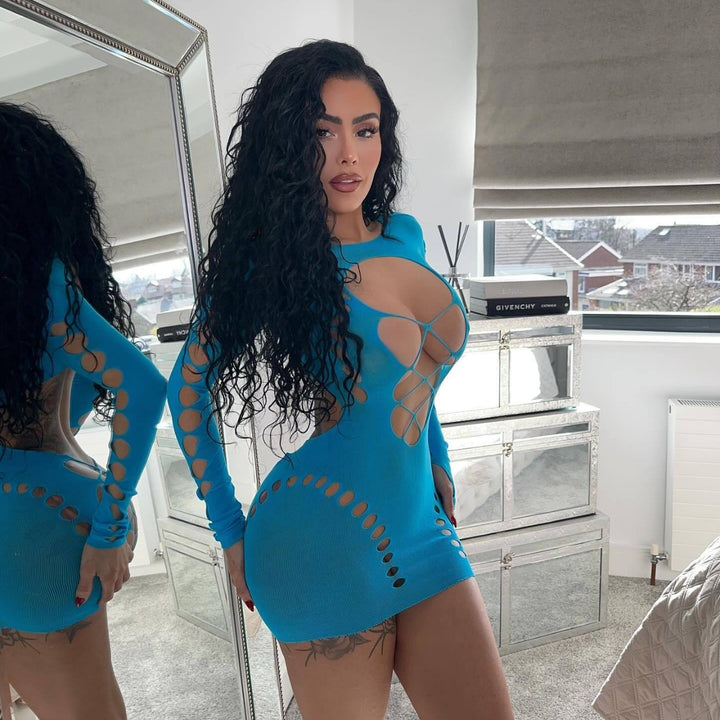Sexy cut-out bodycon fishnet mini dress with daring bust detail