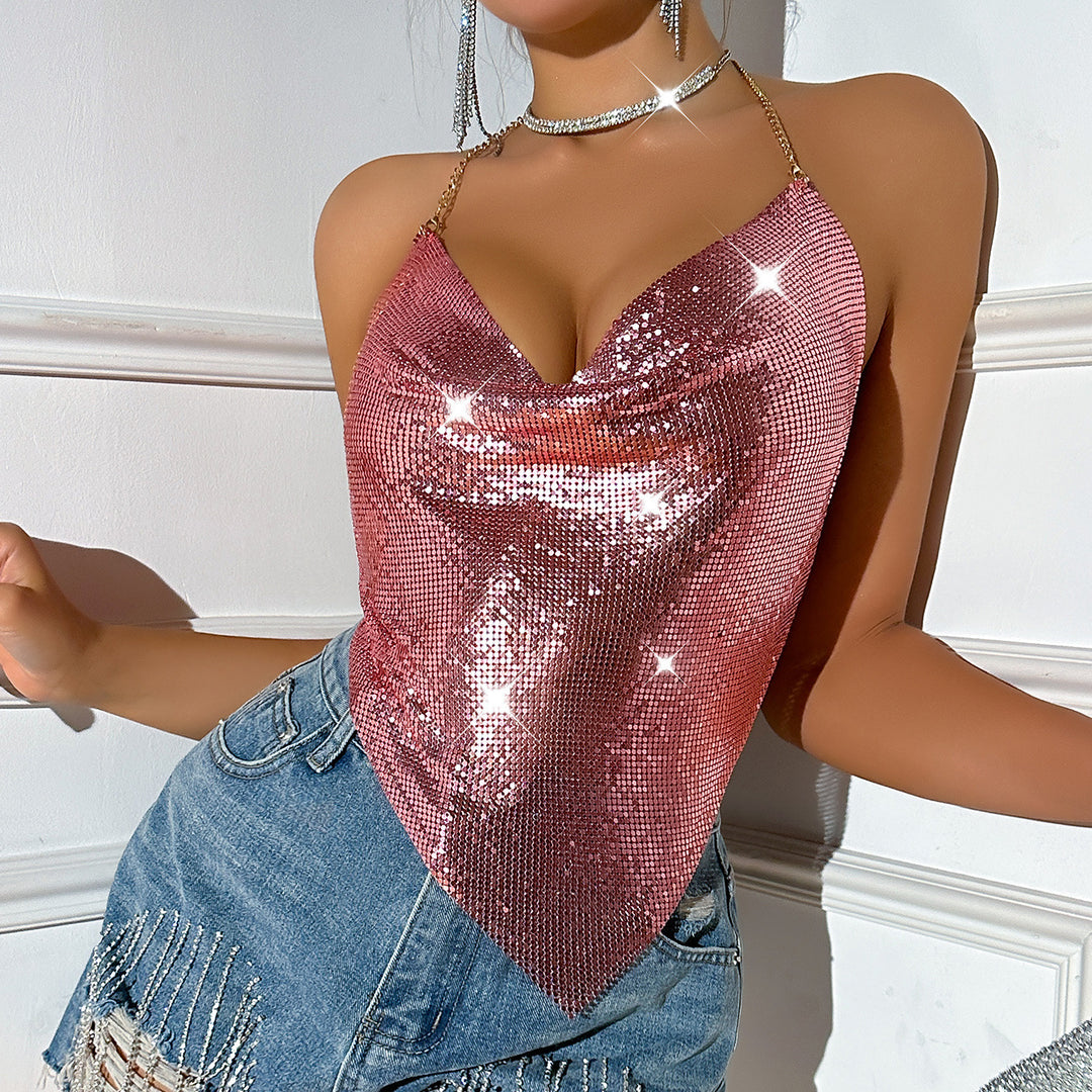 Sexy backless metal chain bandeau sequin top