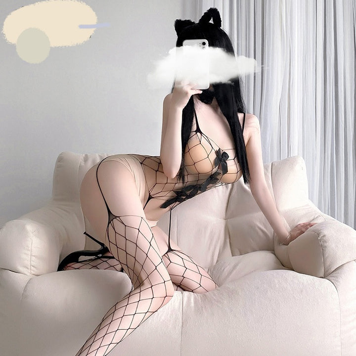 Women's Sexy Lingerie Bowknot Seductive Fishnet Bodysuit