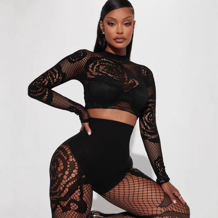 Sexy Midriff-Baring High-Stretch Slim-Fit Long Sleeve Bodysuit Pants Set