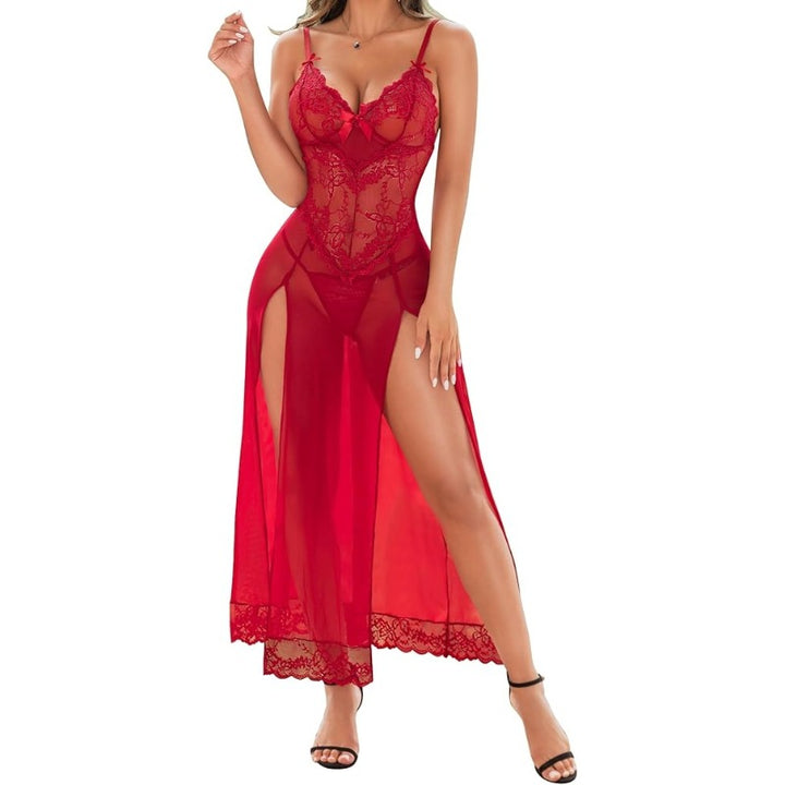 Sheer Mesh Lace Sexy Slit Spaghetti Strap Maxi Dress