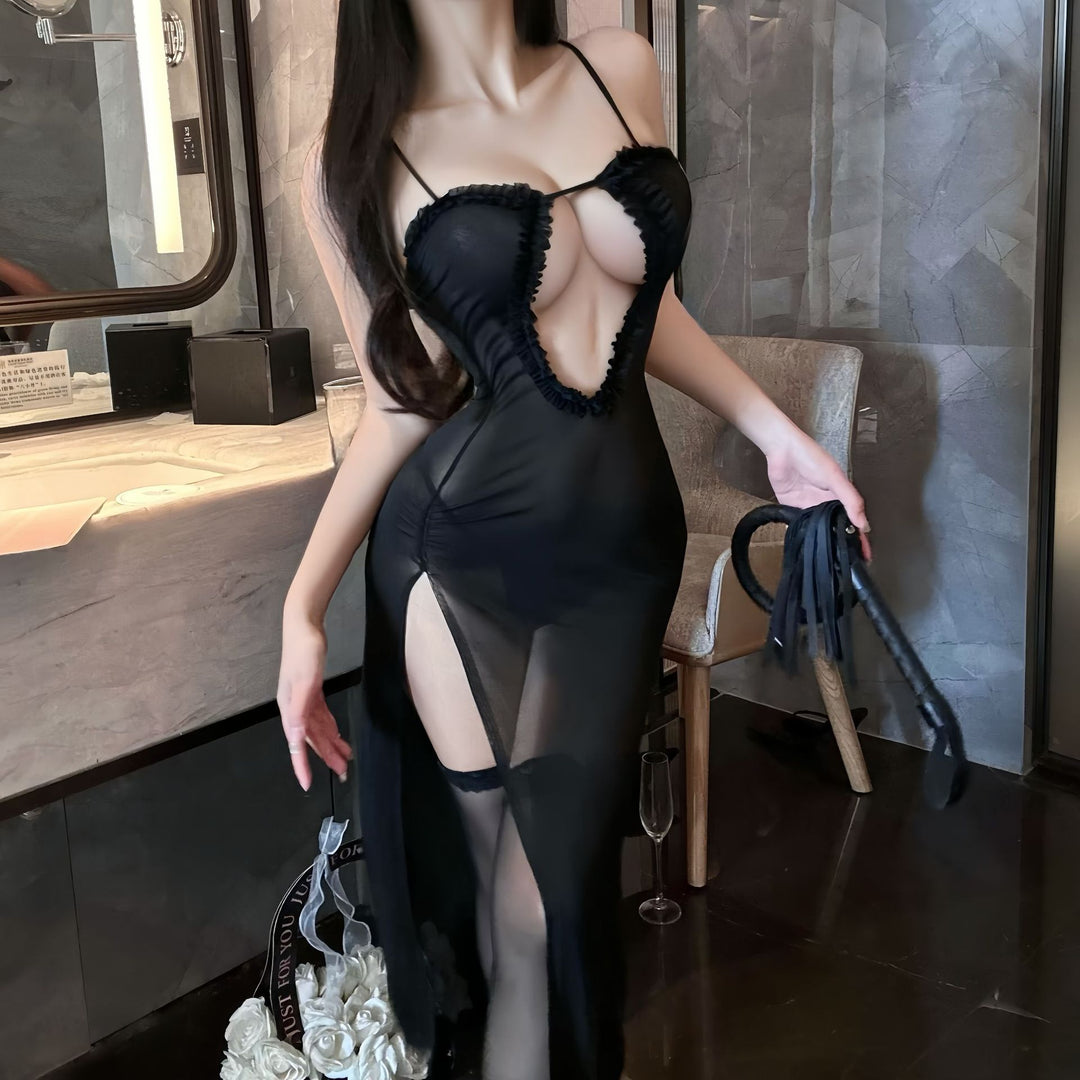 Sexy Lingerie Bust-exposing Sheer Mesh Solid Color Spaghetti Strap High-Slit Mini Dress