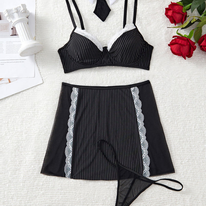 Erotic Lingerie Striped Spaghetti-Strap Bra Female Professional Uniform Role-Play Erotic Set