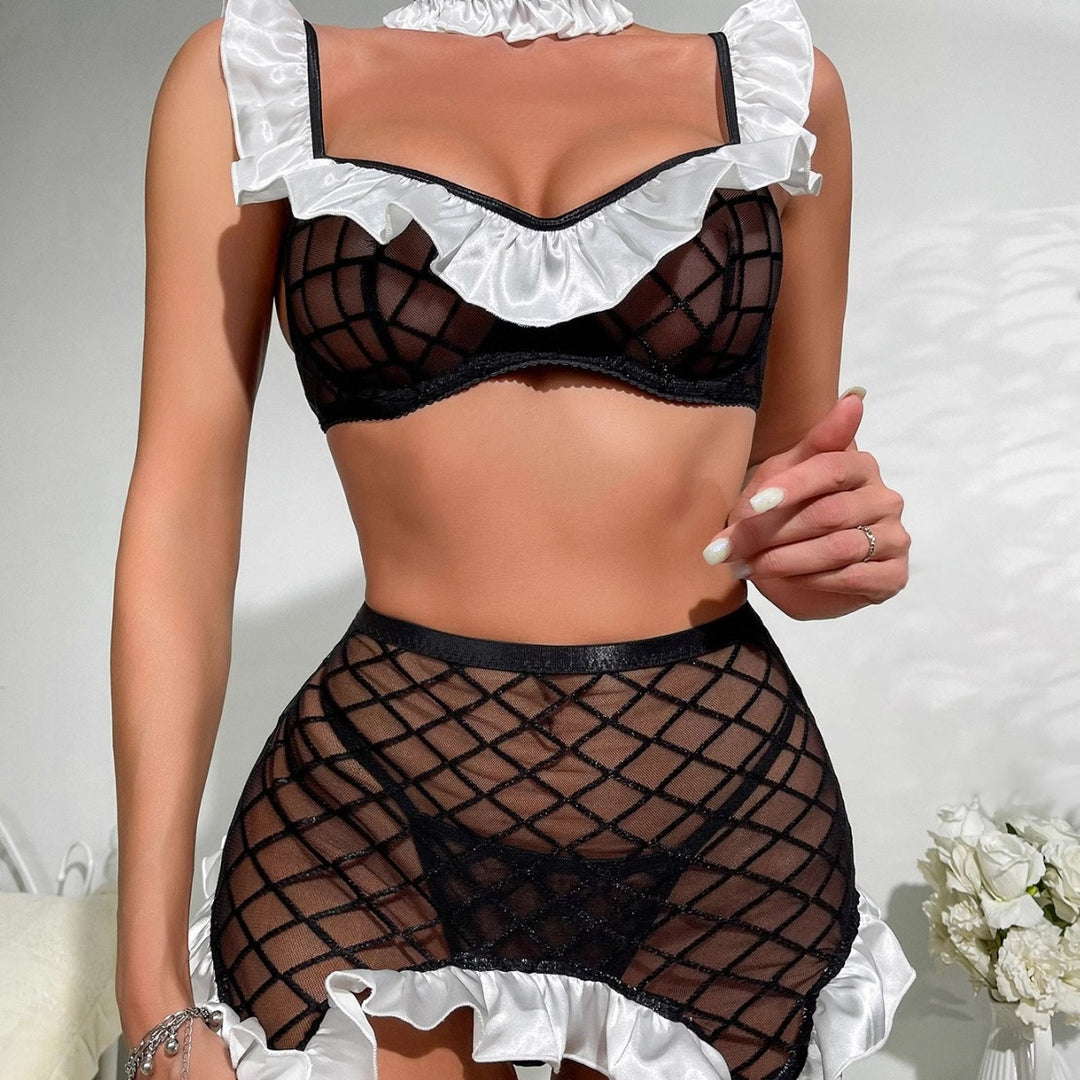 Sexy Mesh Sheer Lingerie Set with Ruffled Lotus-Edge Trim