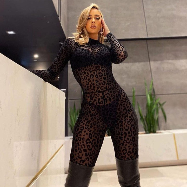 Sexy Hot Girl Leopard Print Sheer Bodycon Long Sleeve Bodysuit