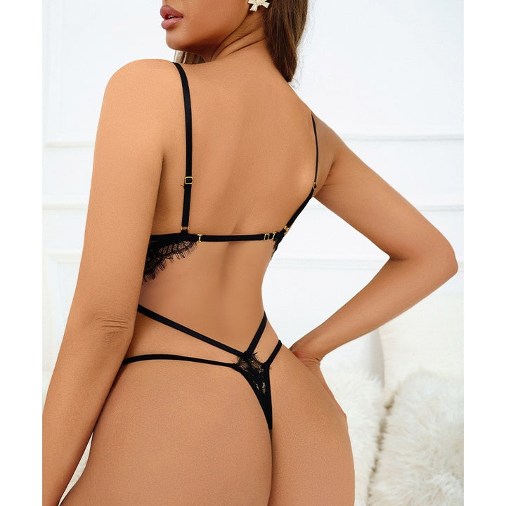 Lace Cross-Strap Sheer Three-Piece Lingerie Set