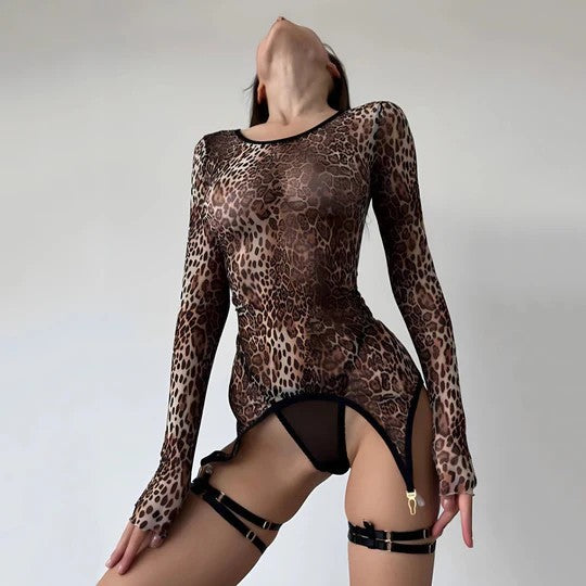 Hot Sexy Leopard Print Sheer Fashion Lingerie Set for Women
