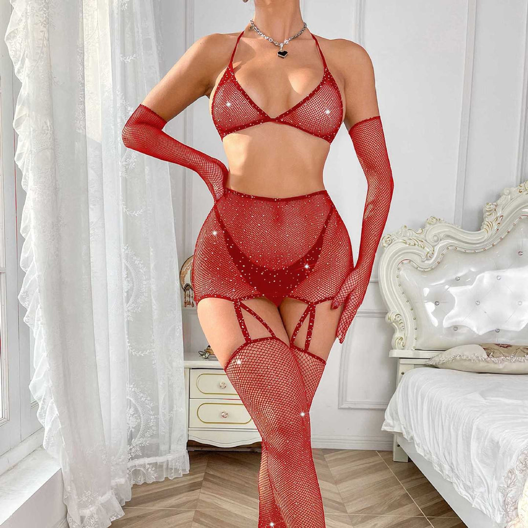 Sexy Rhinestone Gloves Bra Pantyhose Erotic Lingerie Set