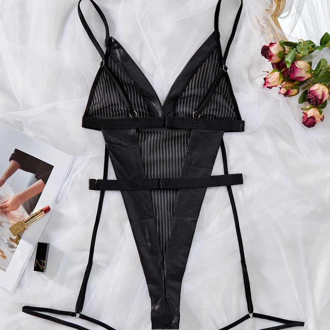 Women’s Bodysuit Sexy Striped Mesh with Leg Harness Gothic-Style Erotic Lingerie