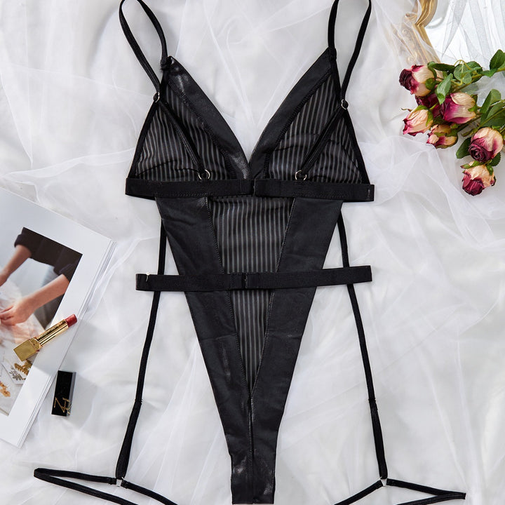 Women’s Bodysuit Sexy Striped Mesh with Leg Harness Gothic-Style Erotic Lingerie