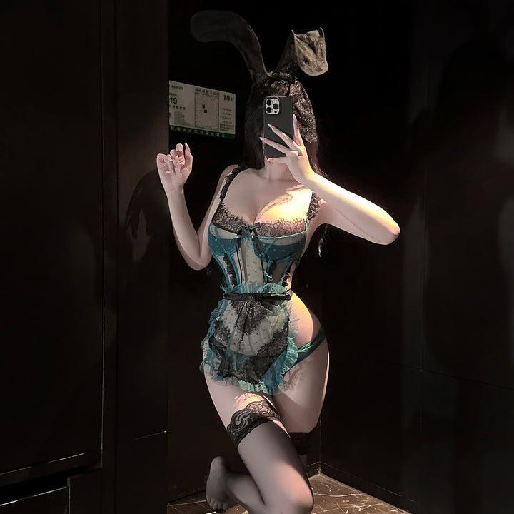 Sexy Lingerie Flirty Erotic Sheer Polka Dot Backless Bow Maid Outfit