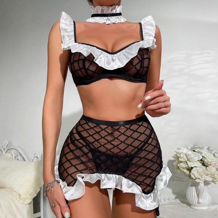Sexy Mesh Sheer Lingerie Set with Ruffled Lotus-Edge Trim
