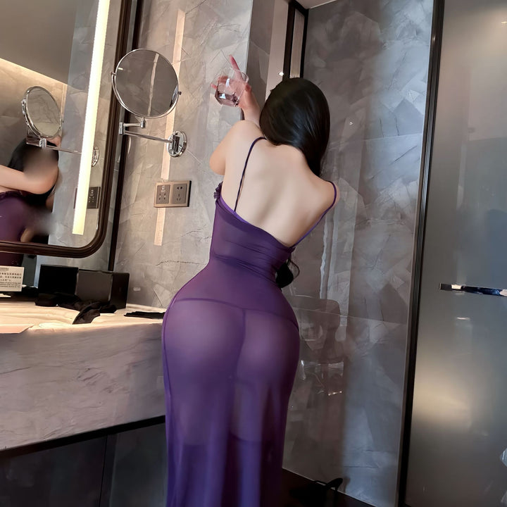 Sexy Lingerie Bust-exposing Sheer Mesh Solid Color Spaghetti Strap High-Slit Mini Dress