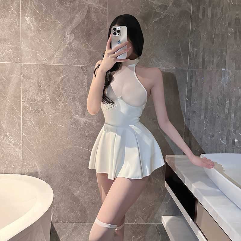 Erotic Lingerie Easy Access Design Uniform Style Allure Sheer Mini Leather Skirt