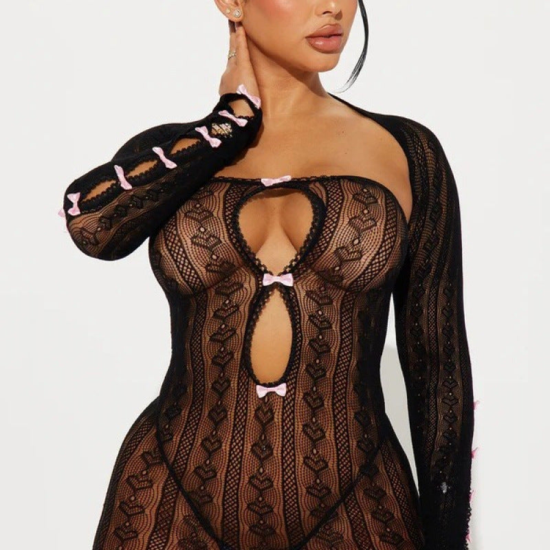 Sexy Hollow-Out Bow Sheer Lace High-Stretch Mini Dress Lingerie