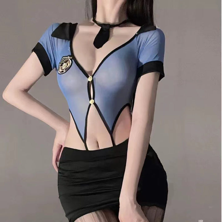 Sexy Police Costume Deep V Sheer Bodycon Skirt Lingerie Set