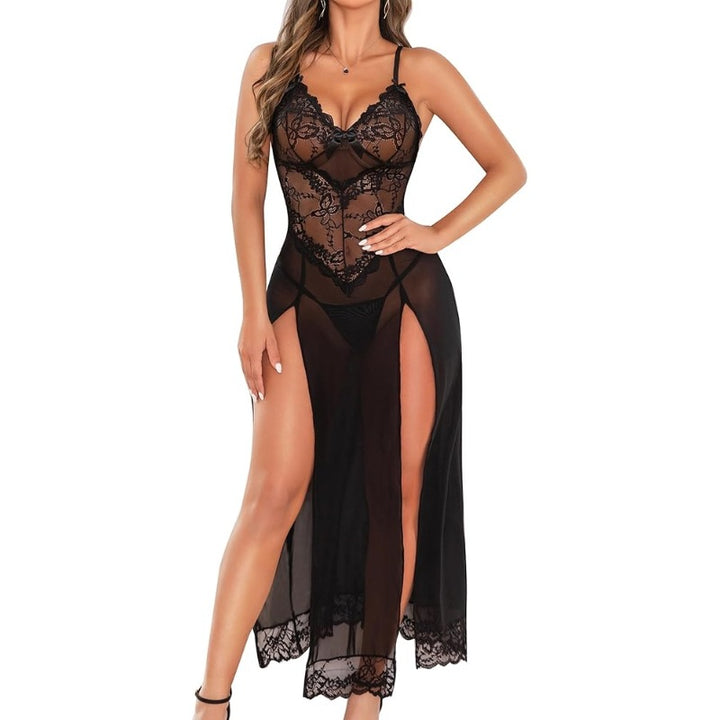 Sheer Mesh Lace Sexy Slit Spaghetti Strap Maxi Dress