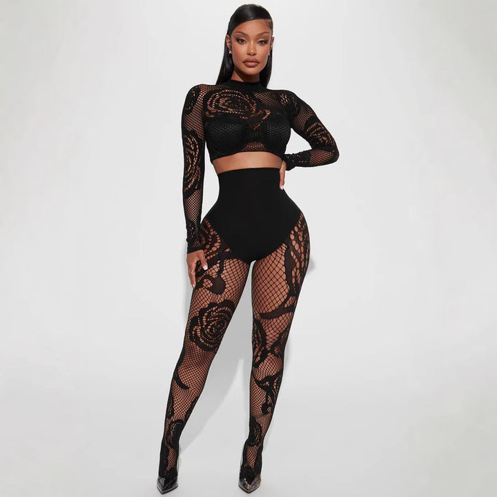 Sexy Midriff-Baring High-Stretch Slim-Fit Long Sleeve Bodysuit Pants Set