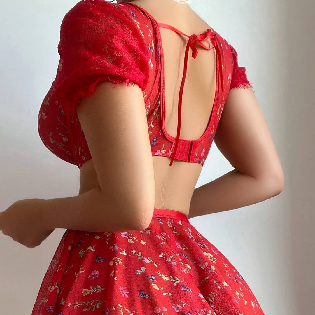 Sexy lace mesh printed sheer top and mini skirt lingerie set