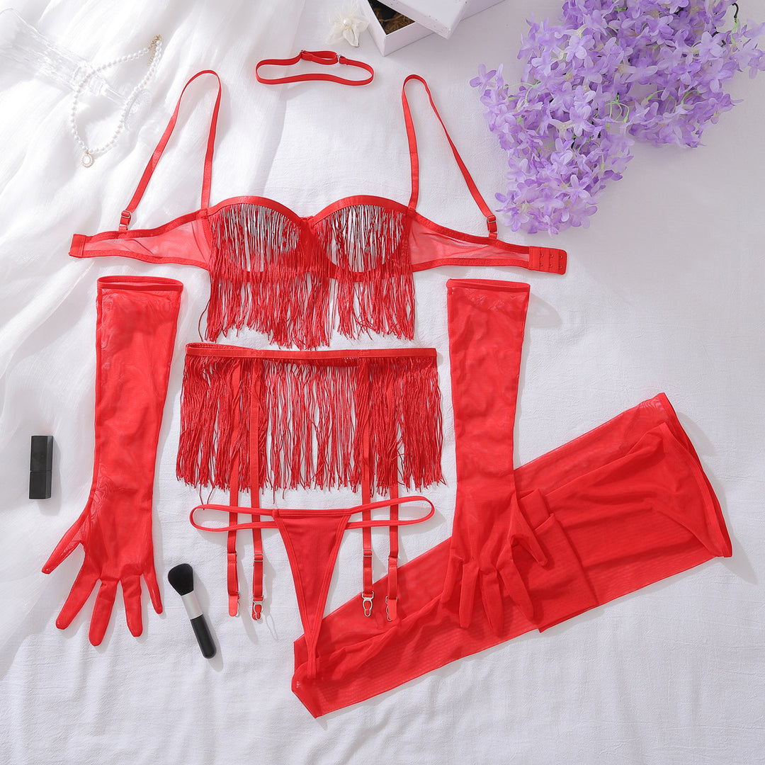 Sexy Exposed-Bust Sheer Mesh Tassel Hollow-Out Lingerie Open-Wear Six-Piece Set