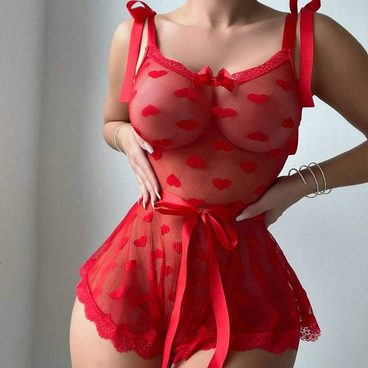 Sexy Lingerie Lace Mesh Heart Corset Bodysuit Set for Women