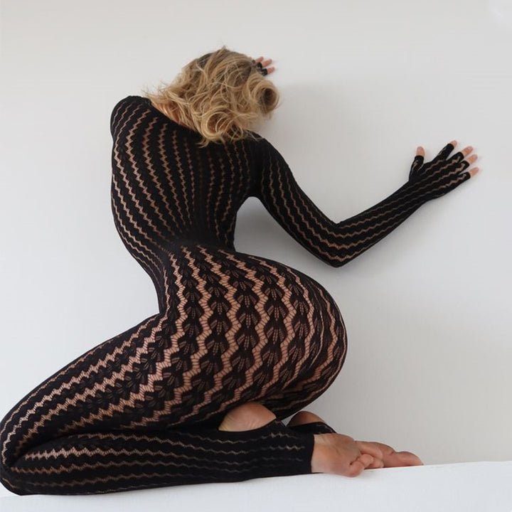 Sexy Hot Sheer Seamless Striped Jacquard Bodysuit