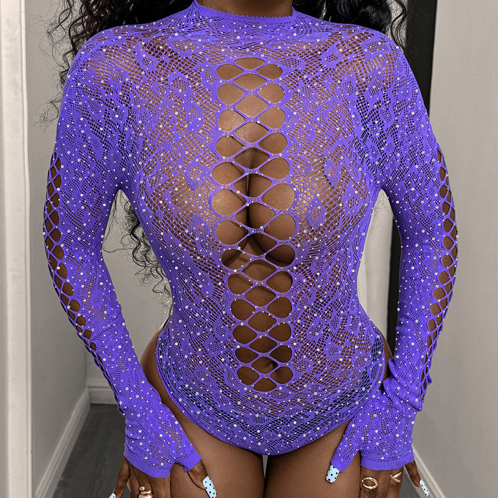Erotic Lingerie Jacquard Rhinestone Bodycon Long Sleeve Fishnet Bodysuit