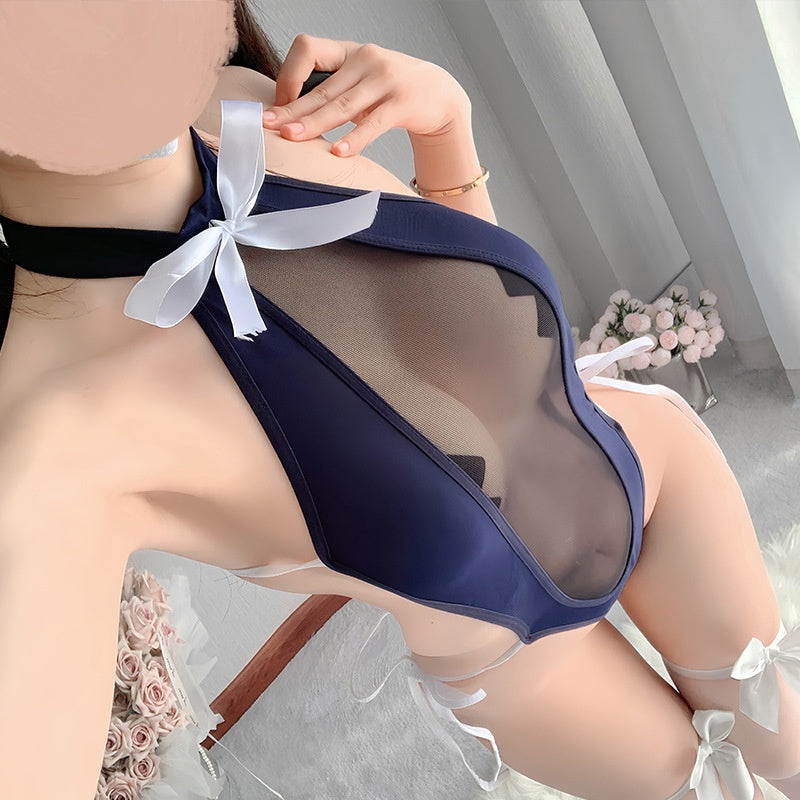 Sexy Lingerie High Cut Open Chest Sheer Mesh Bodysuit Backless Tie Up Seductive Set