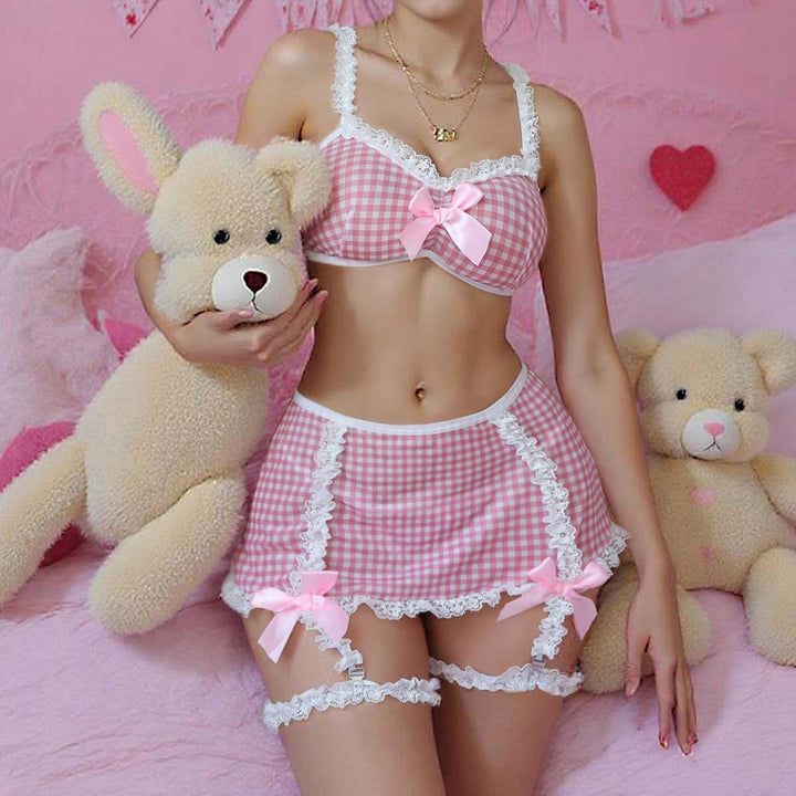Cute Plaid Lace Bow Lingerie Costume Set