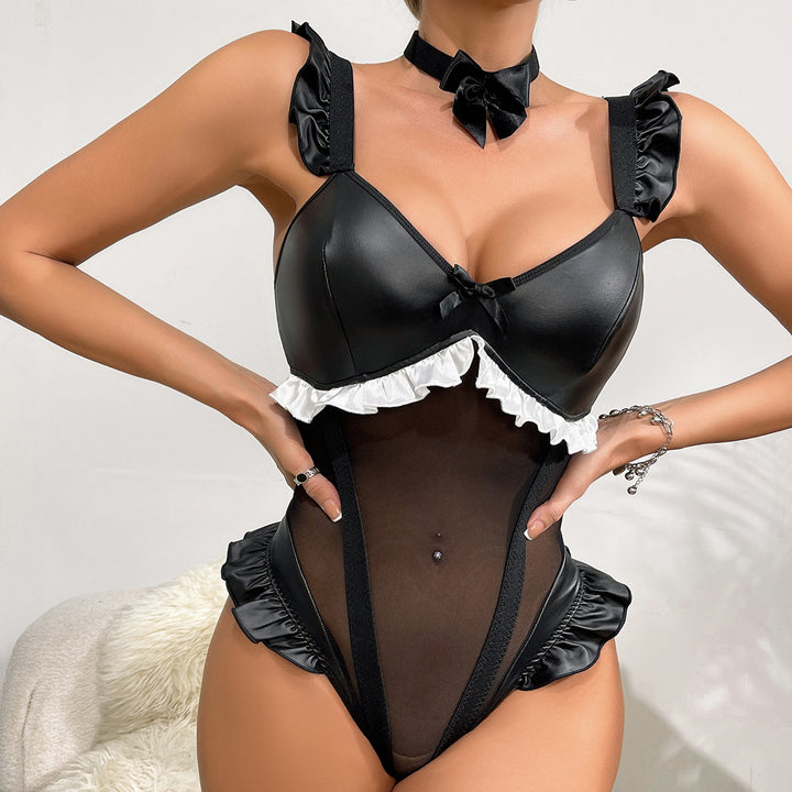 Erotic Lingerie Sexy Uniform Temptation Cute Bow Knot Faux Leather Bodysuit Set
