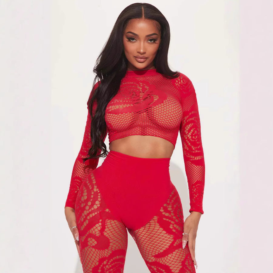 Sexy Midriff-Baring High-Stretch Slim-Fit Long Sleeve Bodysuit Pants Set