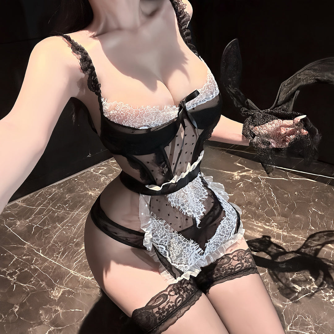 Sexy Lingerie Flirty Erotic Sheer Polka Dot Backless Bow Maid Outfit