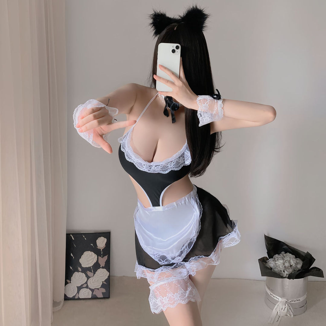 Sexy Lace Bow Trim Backless Maid Apron Bodysuit Lingerie Uniform Set