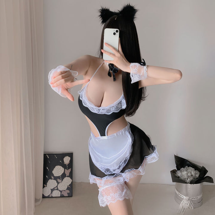 Sexy Lace Bow Trim Backless Maid Apron Bodysuit Lingerie Uniform Set