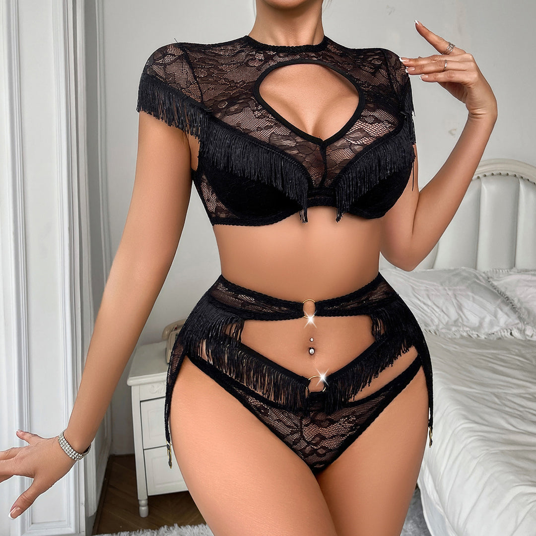 Fringe-Trim Sheer Lace Shaping Halter Sexy Lingerie Three-Piece Set