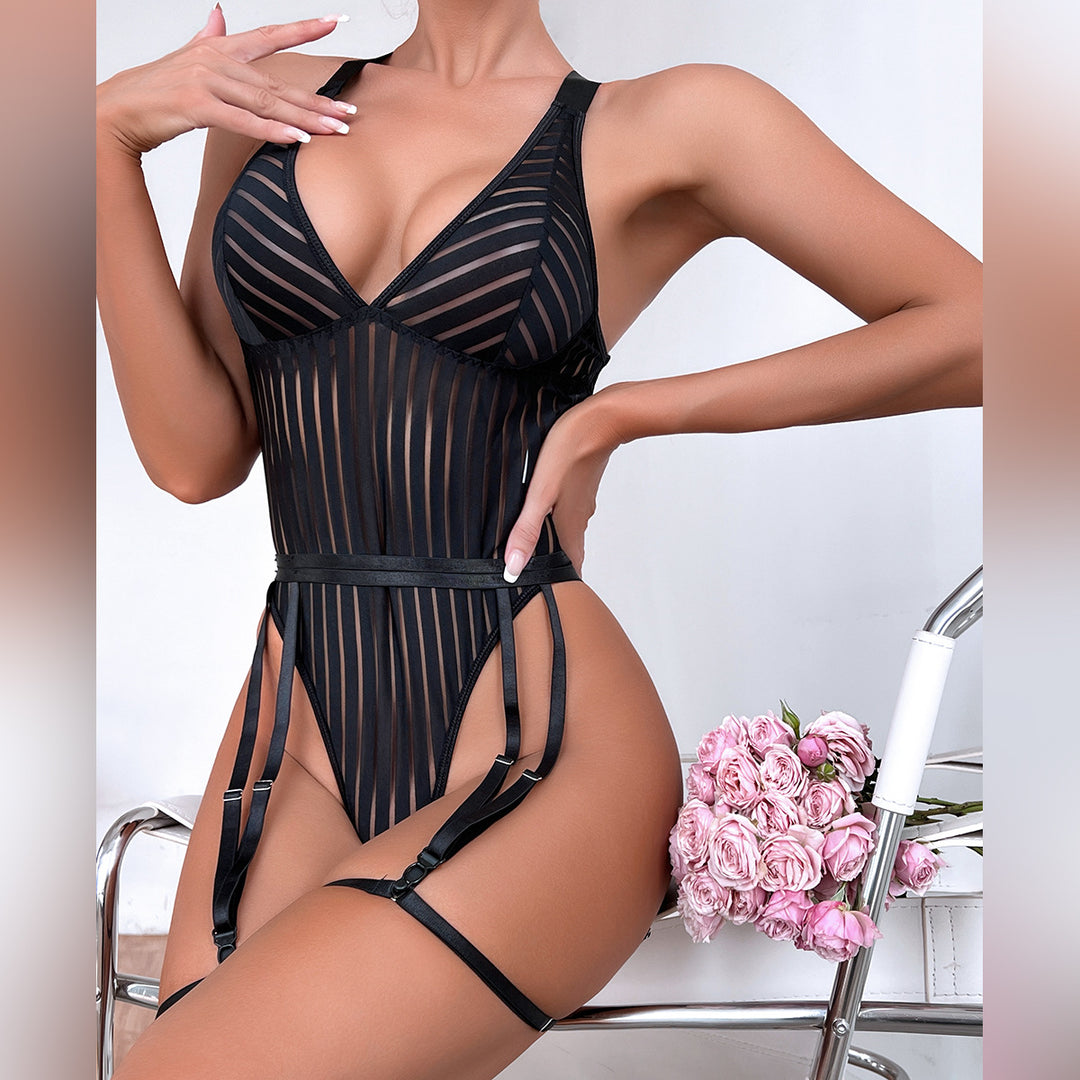 Sexy Sheer Striped Mesh Garter Bodysuit Lingerie Set