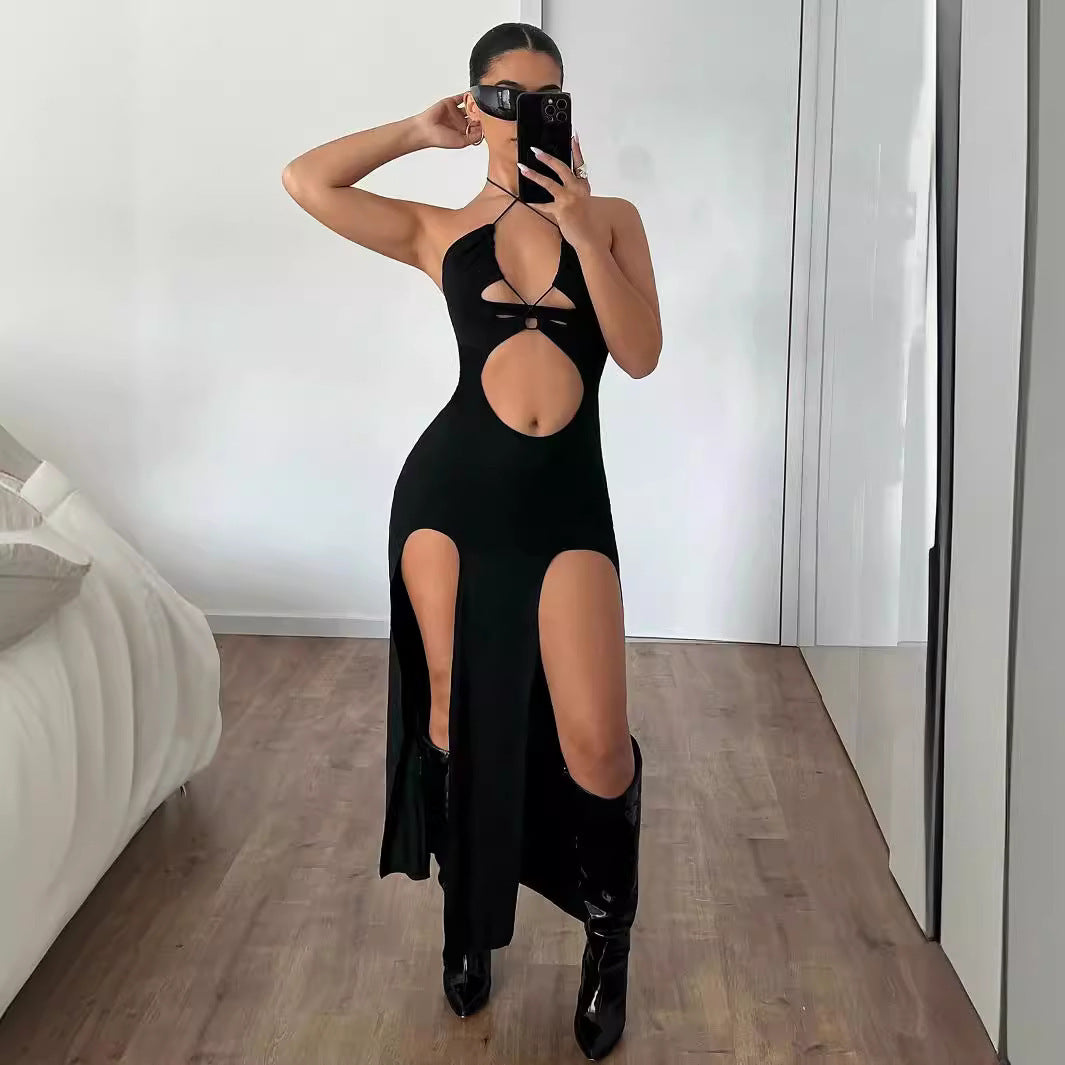 Sexy Backless Hollow-Out Midriff-Baring Slit Halter Tie-Up Dress