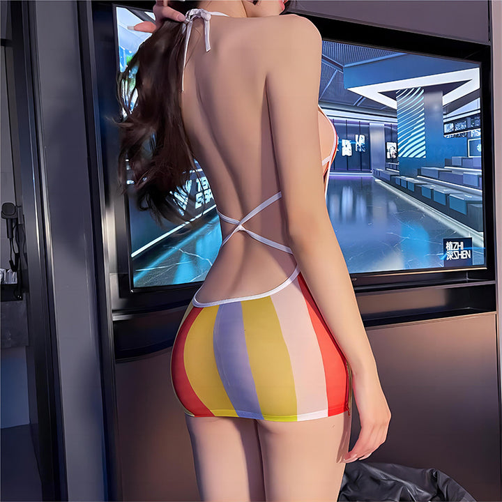 Erotic Lingerie Seductive Bodysuit Printed Rainbow Open-Wear Bodycon Mini Dress