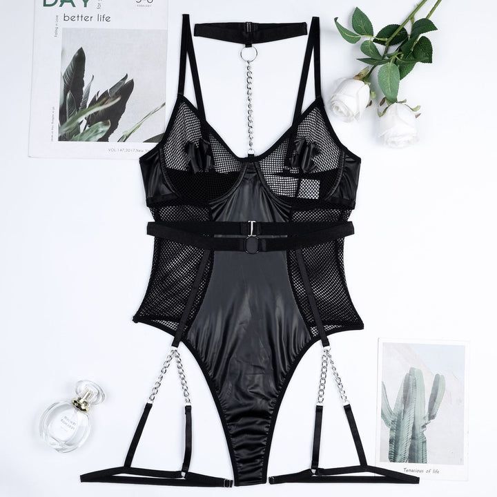 Sexy Patent Leather & Fishnet Spliced Cut-Out Sheer Shapewear Erotic Lingerie Set