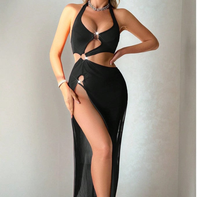 Erotic Lingerie Sexy Mesh Sheer Backless Hollow-Out Slit Nightdress Erotic Set