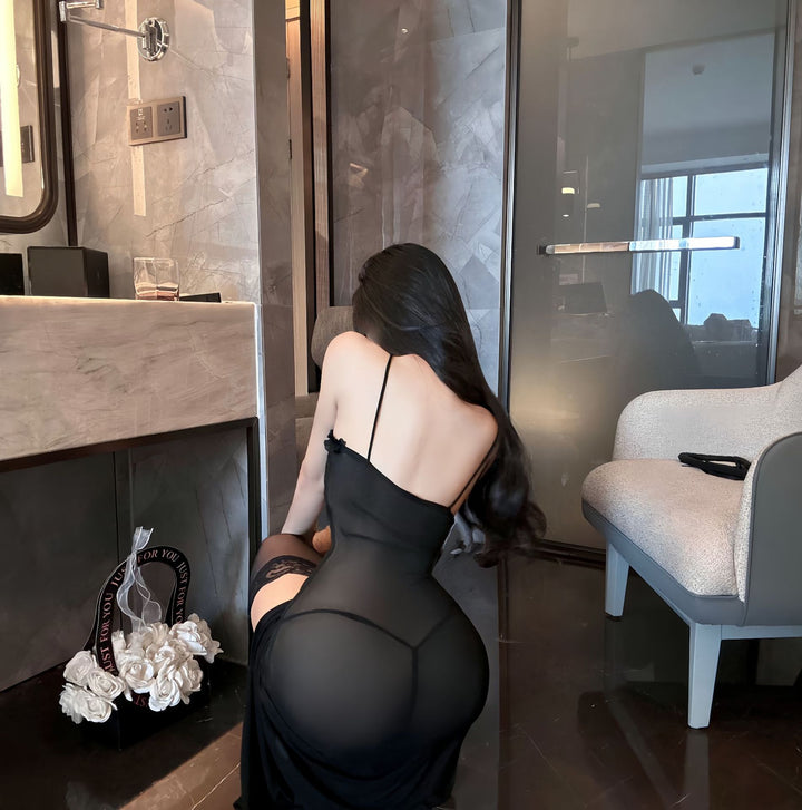 Sexy Lingerie Bust-exposing Sheer Mesh Solid Color Spaghetti Strap High-Slit Mini Dress
