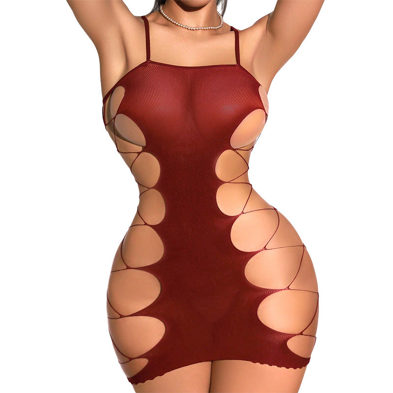 Sexy Slim-Fit Seductive Spaghetti Strap Cut-Out Fishnet Flirty Date Night Mini Dress