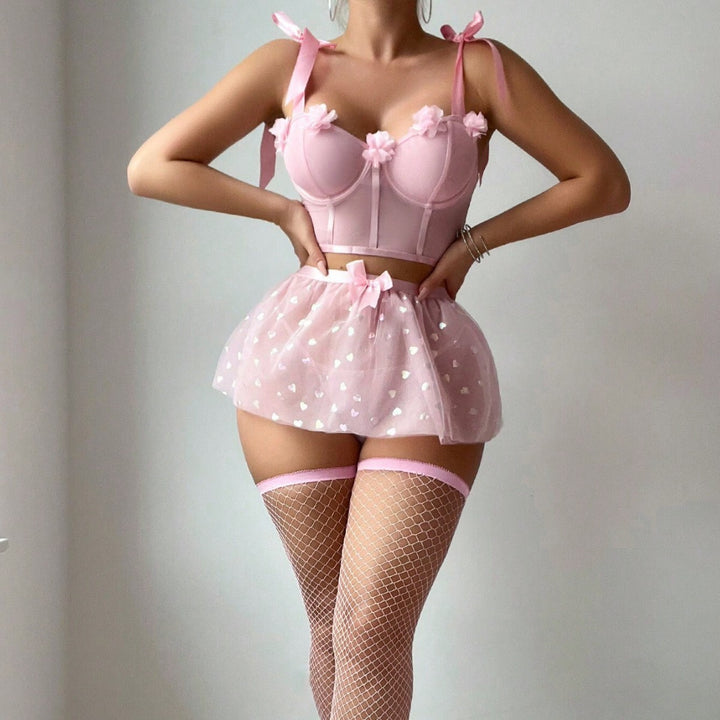 Sexy Floral Bow Knot Strappy Sheer Mesh Slit Skirt Erotic Lingerie Set