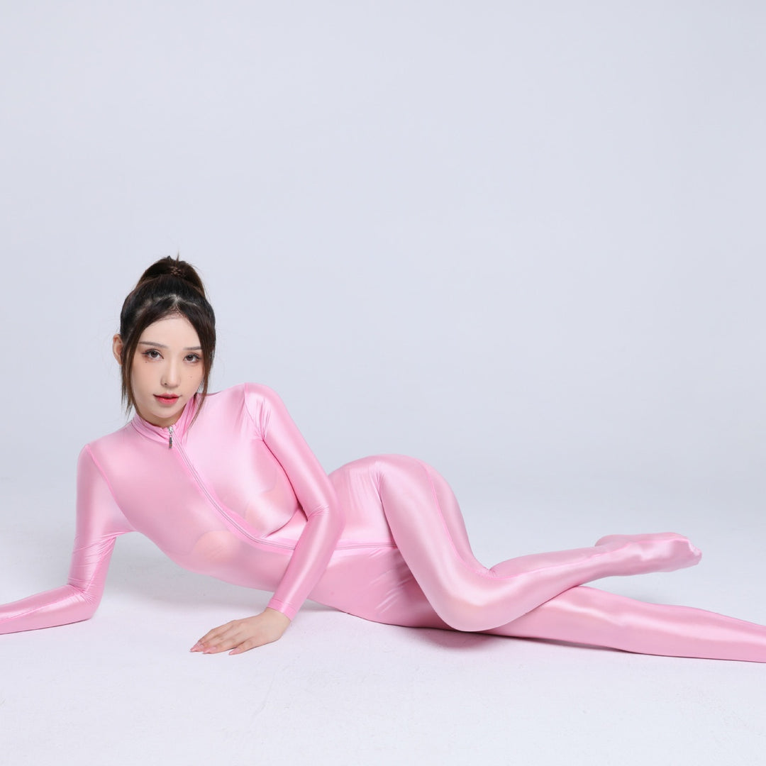 Double Zipper Open-Crotch Bodysuit High-Stretch Glossy Silky-Smooth Sexy Tight-Fitting Outfit