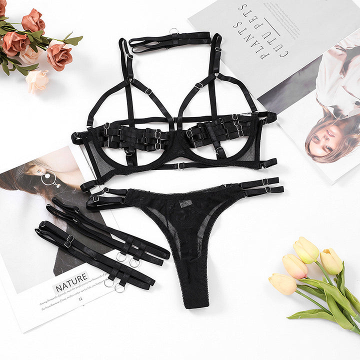 Best-Selling Erotic Lingerie Set – Seductive Open-Bust Intricate Strappy Four-Piece Set
