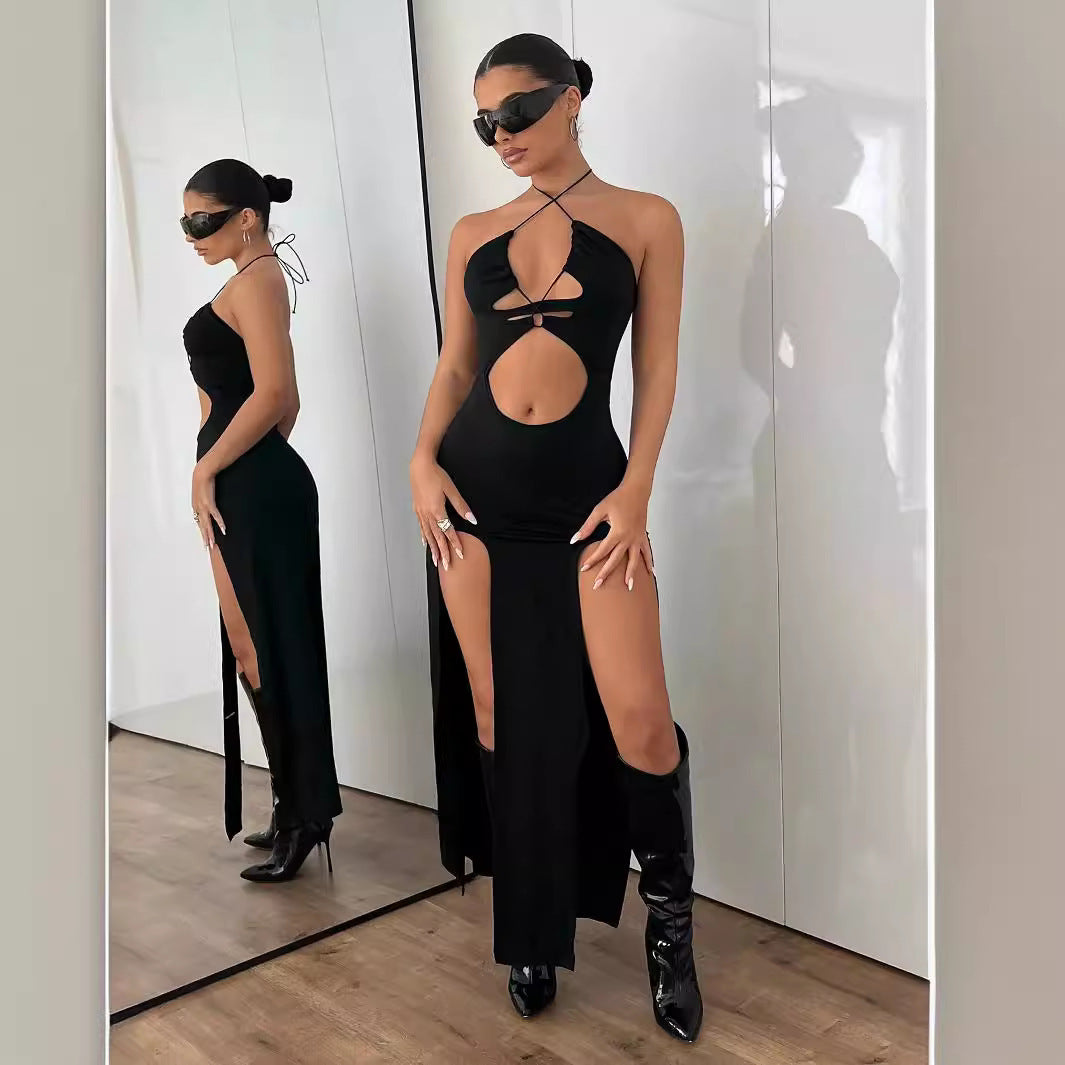 Sexy Backless Hollow-Out Midriff-Baring Slit Halter Tie-Up Dress